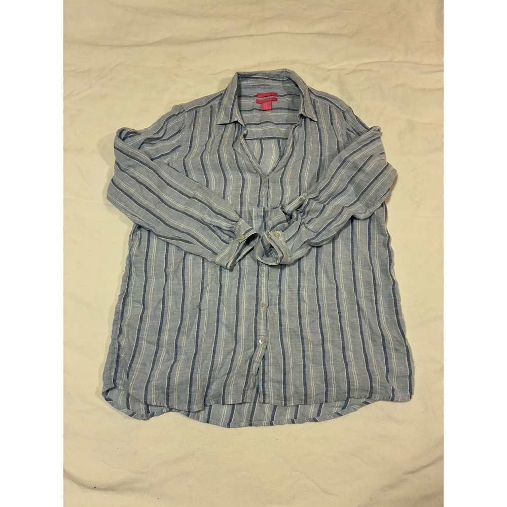 Isaac Mizrahi New York 100% Linen Stripe Tunic Shirt Top Blue White US XL